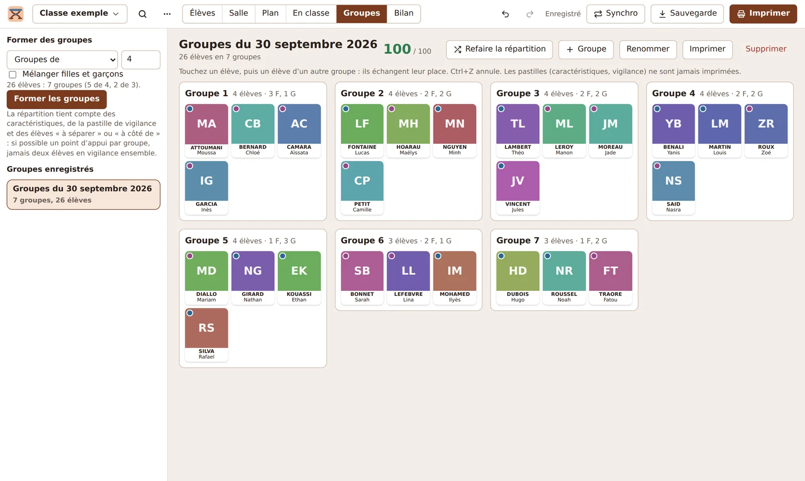 Sédile, onglet Groupes : sept groupes équilibrés avec leur score